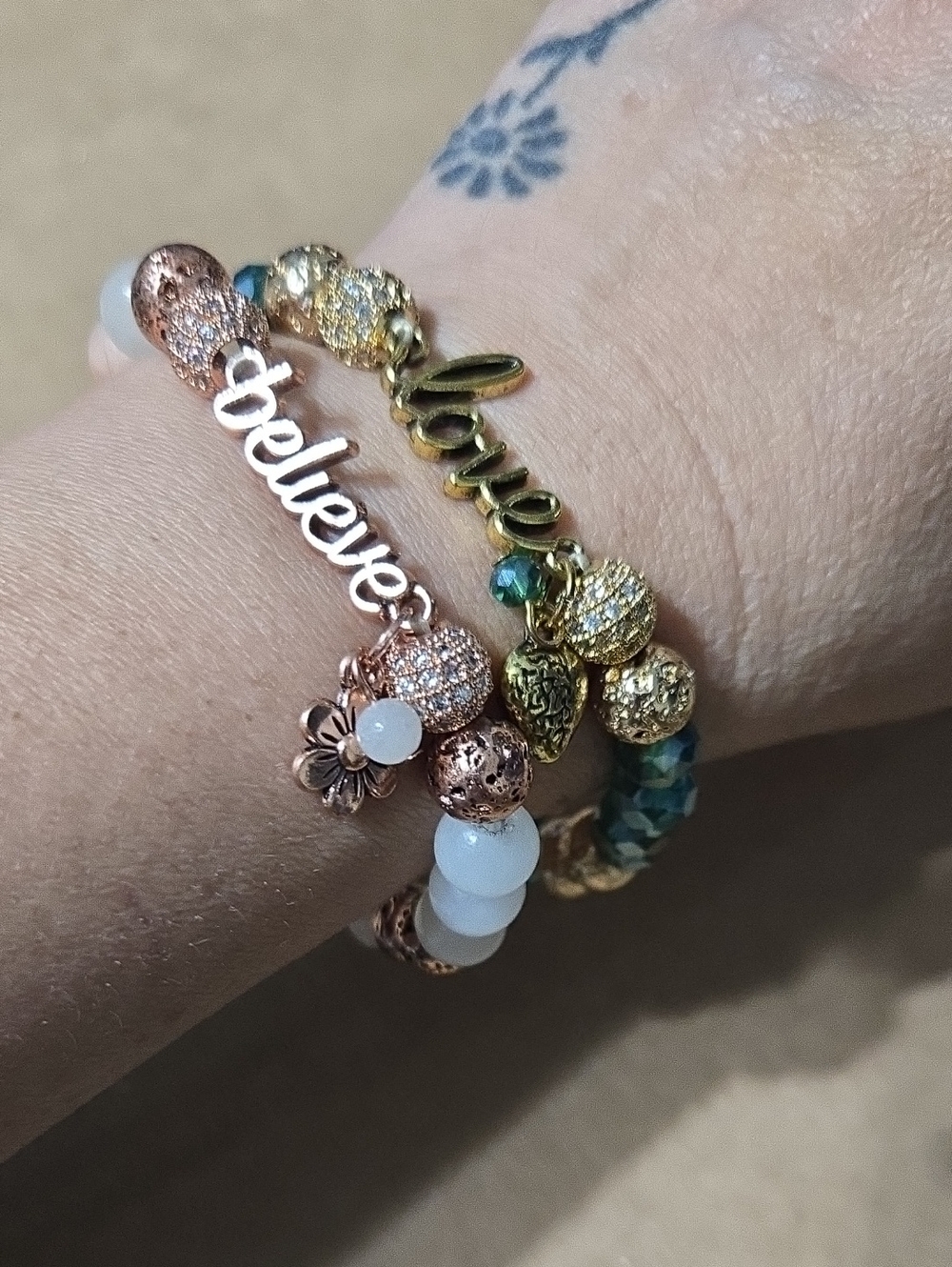 Gold & Rose Gold 'Believe' and 'Love' Beaded Bracelet Set Stone Glass And Crysta